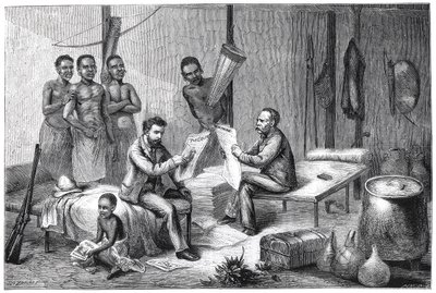 Livingstone y Stanley recibiendo periódicos en África Central de Pearson