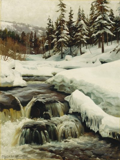 Paisaje invernal con un torrente de montaña de Peder Monsted
