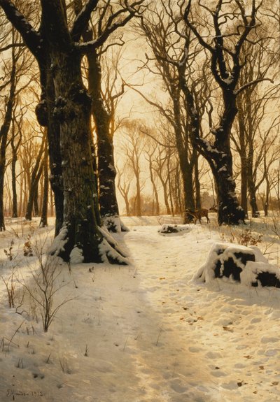 Un paisaje invernal boscoso con ciervos de Peder Monsted