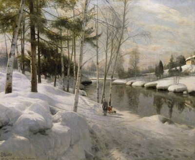 Día de abril de Hunnselva, Raufoss (óleo sobre lienzo) de Peder Monsted