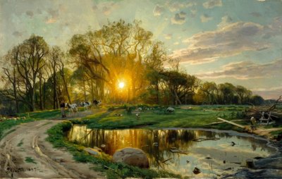 Llevando las vacas al atardecer de Peder Monsted