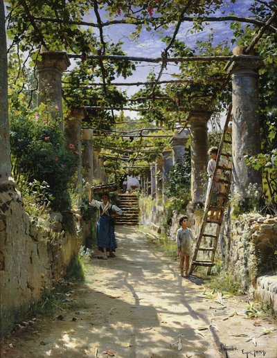 A la sombra de una pérgola italiana, una tarde cálida en Anacapri de Peder Monsted