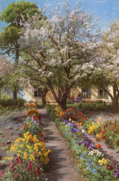 Jardín floreciente en primavera de Peder Monsted