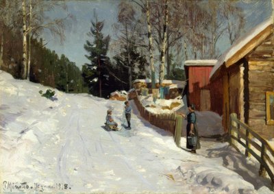 Niños jugando en la calle del pueblo nevada de Peder Monsted