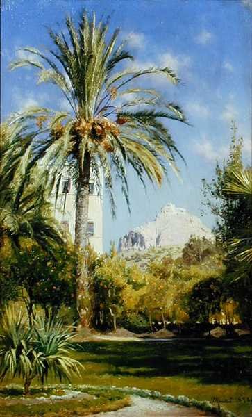 Los jardines del Palacio Real mirando hacia la colina Lykavitos, Atenas de Peder Monsted