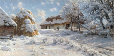 Paisaje de pueblo nevado con niños en trineo de Peder Monsted