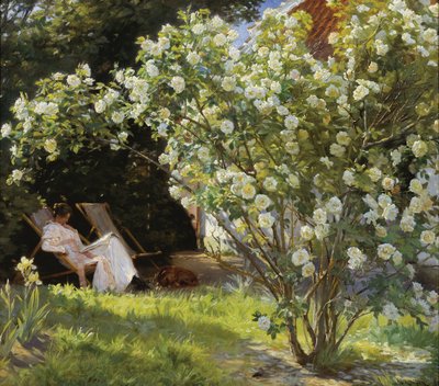 Rosas. Marie Krøyer sentada en la tumbona en el jardín de la casa de la Sra. Bendsen de Peder Severin Krøyer
