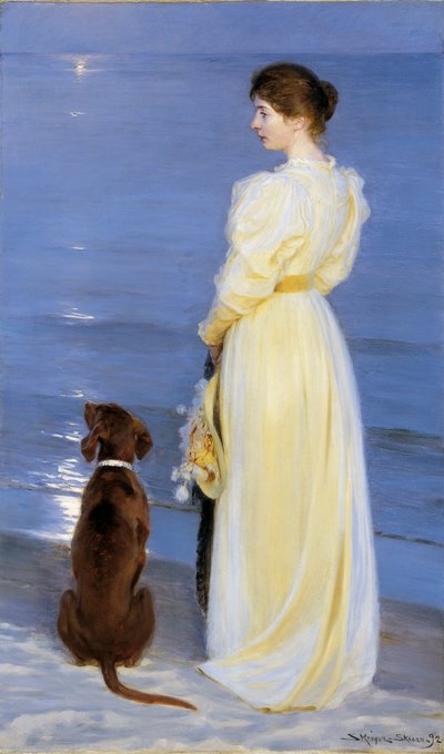 Tarde de verano en Skagen. La esposa del artista con perro en la orilla de Peder Severin Krøyer