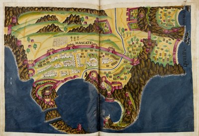 Abajo Ilustración portuguesa de Mascate, del manuscrito Livro do Estado da India Oriental de Pedro Barreto de Resende, Sloane MS 197. de Pedro Barretto de Resende