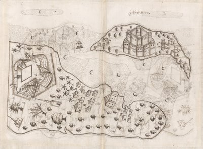Plano portugués de las islas Bahrein, Livro do Estado da India Oriental de Pedro Barreto de Resende, Sloane MS 197, f.165v-166r (pluma y tinta sobre papel) de Pedro Barretto de Resende
