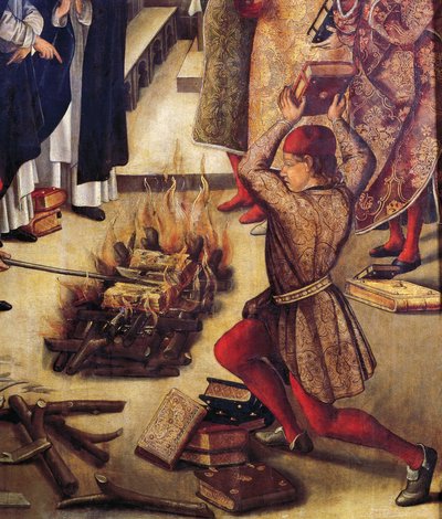 Quema de libros herejes, detalle de San Domenico y Albigenses, por Pedro Berruguete (circa 1450 - circa 1504) de Pedro Berruguete