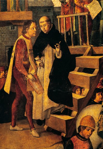 Un condenado acude al tribunal de la Inquisición, detalle del Autodafe presidido por San Domenico Guzmán de Pedro Berruguete (circa 1450-circa 1504) de Pedro Berruguete