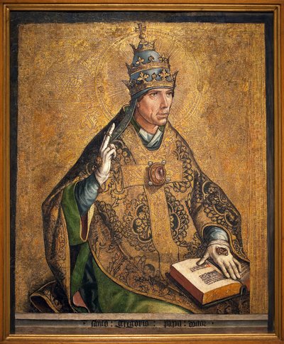 Retrato del Papa San Gregorio (conocido como el Grande, Pontificado 540-604). Pintura de Pedro Berruguete (circa 1450), óleo y pan de oro sobre madera, circa 1495. Museo Nacional de Arte de Cataluña, Barcelona (España). de Pedro Berruguete