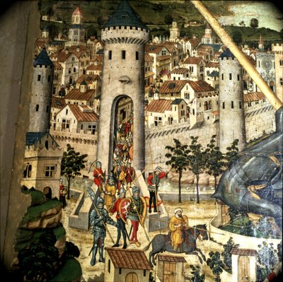 Retablo de San Jorge: conquista de Palma de Mallorca en 1229 por las tropas de Jacques I, rey de Aragón, detalle de Pedro Nisart