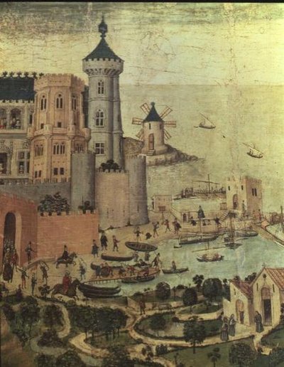 El Puerto de Mallorca con las Torres Almudaine, durante la Conquista de la Ciudad por Jaime I (detalle) de Pedro Nisart