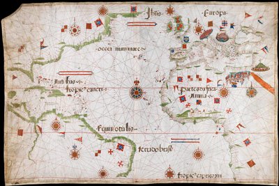 Carta del Océano Atlántico, Mediterráneo y Mar Negro, c.1535 (vitela, papel) de Pedro Reinel