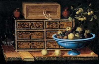 Escritorio con un pequeño cofre y un frutero de Pedro de Camprobín