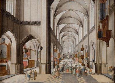 Interior de una iglesia gótica de tres naves durante un sermón de Peeter Neeffs d.Æ.