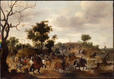 Paisaje con una batalla de caballería, horca y un molino de viento al fondo de Peeter Snayers