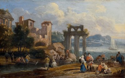 Figuras en un paisaje descansando cerca de unas ruinas de Peeter or Pieter Bout