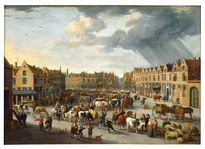 El viejo mercado de bueyes de Amberes (óleo sobre lienzo) de Peeter van Bredael