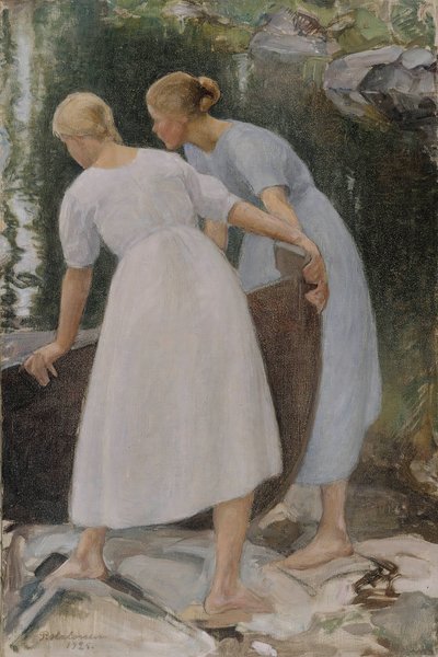 Chicas empujando un bote de Pekka Halonen