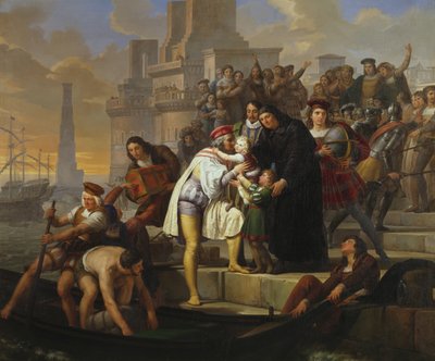 Cristóbal Colón abrazando a sus dos hijos y recomendándolos al Padre Giovanni Perez antes de partir de Palos para el viaje de descubrimiento de América de Pelagio Palagi