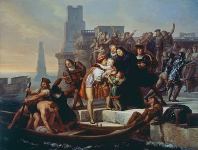 Cristóbal Colón partiendo del puerto de Palos de la Frontera recomendando a sus hijos al Padre Giovanni Perez (1492) de Pelagio Palagi