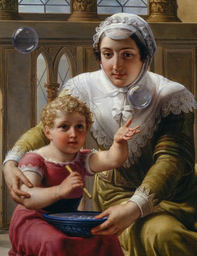 Mujer con niño y burbujas de jabón (detalle del descubrimiento de la refracción de la luz por Isaac Newton, 1642-1727) de Pelagio Palagi