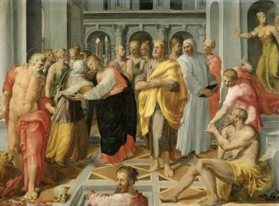 Visitación (Encuentro de María e Isabel en presencia de los santos José y Jerónimo) de Pellegrino Tibaldi (circle of)