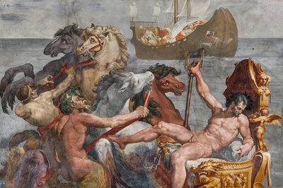 Neptuno y la nave de Ulises, detalle de la Sala de Polifemo de Pellegrino Tibaldi