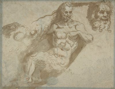 Sátiro sentado, con cabeza agrandada del mismo (recto), cabeza de una mujer (verso), 1527-96 de Pellegrino Tibaldi