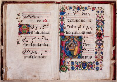 Biblioteca Piccolomini: libro de coro, cod. 102.8, ff. 47v-48r con la "Natividad", de Pellegrino di Mariano. de Pellegrino di Mariano