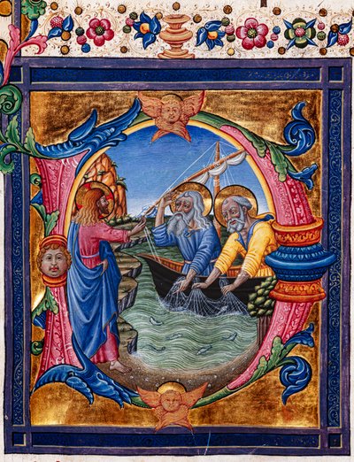Biblioteca Piccolomini: libro de coro, cod. 11.M, ff. 4con la "Llamada de San Pedro y San Andrés", de Pellegrino di Mariano. Detalle. de Pellegrino di Mariano