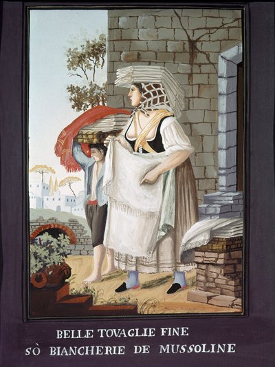 Petity Metier napolitano: vendedor ambulante de manteles y lino - (Antiguo oficio: vendedor de manteles y lino) Pintura de Pelliccia siglo XIX Museo Nazionale di San Martino Nápoles de Pelliccia