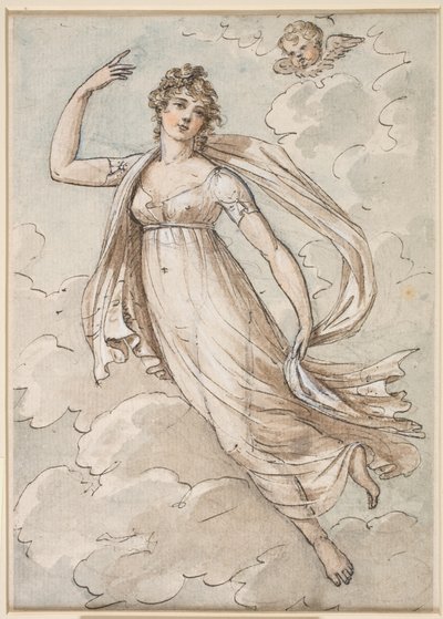 Mujer flotando en el cielo, observada por un querubín de Peltro William Tomkins