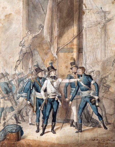 El príncipe Carlos XIII de Suecia en la batalla de Hogland el 17 de julio de 1788 par Per Krafft el Joven (1777-1863) - Acuarela sobre papel, 35x28 cm - Colección privada de Per  Krafft
