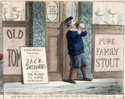 El niño - que, al traer la cerveza de la familia, aprende el camino a la taberna, pub.c. 1872 de Percy Cruikshank