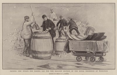 Empacando restos de zinc para hacer gas para la sección de globos de los Ingenieros Reales en Woolwich de Percy F.S. Spence