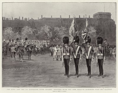 El rey y el 3er Batallón de la Guardia Escocesa, oficiales con los nuevos colores desfilando ante Su Majestad de Percy F.S. Spence