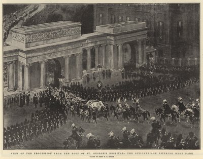 Vista de la procesión desde el techo del Hospital de San Jorge, el carro de armas entrando en Hyde Park de Percy F.S. Spence