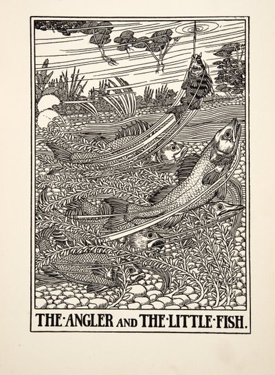 El Pescador y el Pequeño Pez, de Cien Fábulas de Esopo, pub.1903 de Percy J. Billingshurst