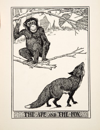 El mono y el zorro, de Cien fábulas de Esopo, pub. 1903 (grabado) de Percy J. Billingshurst
