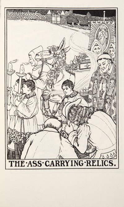 El asno que llevaba reliquias, de Fábulas de Fontaine, pub. 1905 (grabado) de Percy J. Billingshurst