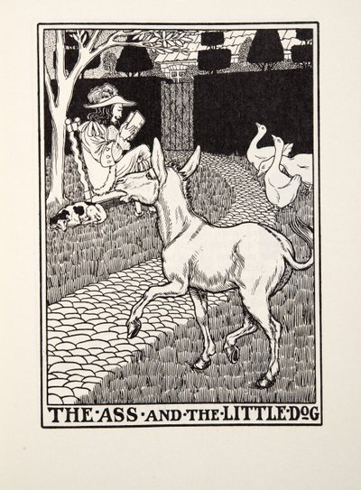 El burro y el perrito, de Fábulas de Fontaine, pub. 1905 de Percy J. Billingshurst