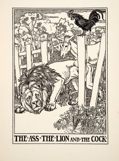 El Asno, el León y el Gallo, de Cien Fábulas de Esopo, pub.1903 de Percy J. Billingshurst