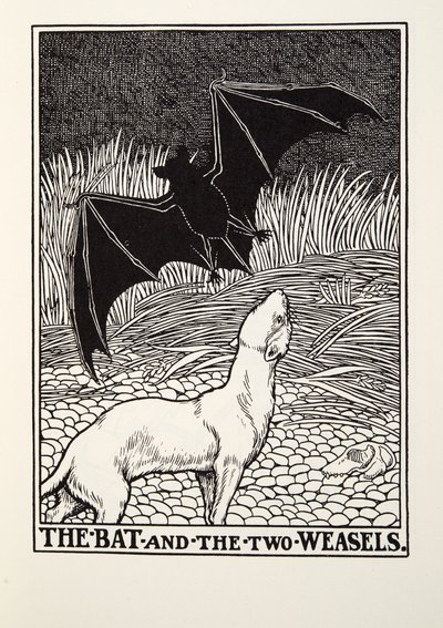 El Murciélago y las Dos Comadrejas, de las Fábulas de Fontaine, pub. 1905 de Percy J. Billingshurst