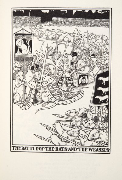 La batalla de las ratas y las comadrejas, de Fábulas de Fontaine, pub. 1905 de Percy J. Billingshurst
