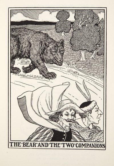 El oso y los dos compañeros, de Fábulas de Fontaine, pub. 1905 (grabado) de Percy J. Billingshurst