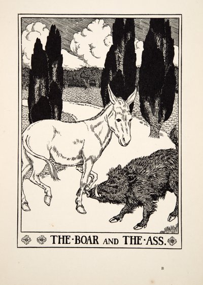 El jabalí y el asno, de Cien fábulas de Esopo, pub.1903 de Percy J. Billingshurst